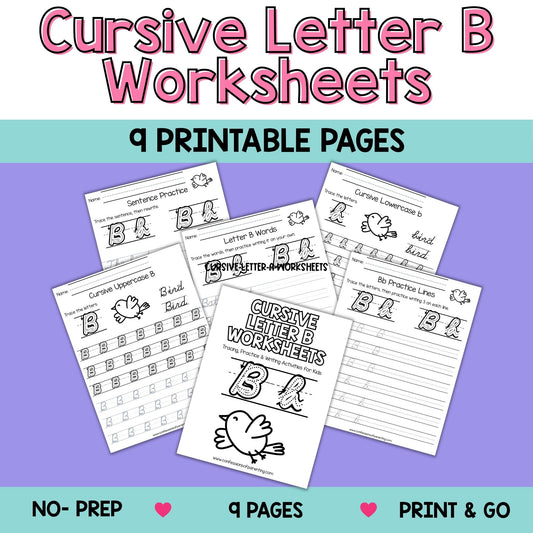 Cursive Letter B Worksheets – 9 Printable Handwriting Practice Pages for Kids