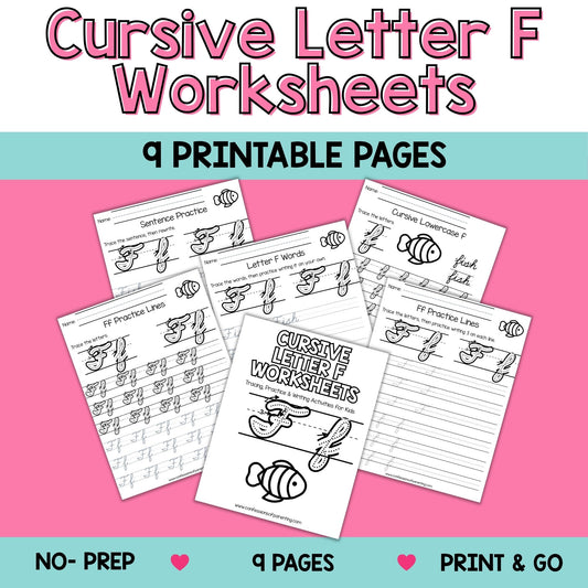 Cursive Letter F Worksheets – 9 Printable Handwriting Practice Pages for Kids