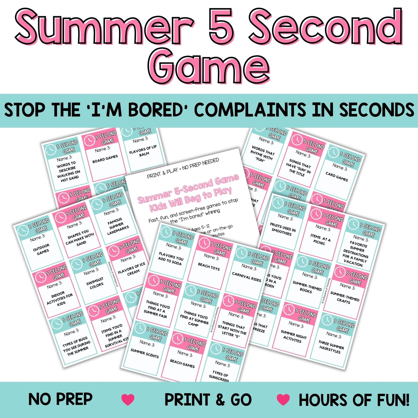 Summer 5 Second Game for Kids Printable | Fast Thinking Game | No Prep Family Game | Road Trip & Boredom Buster Activity