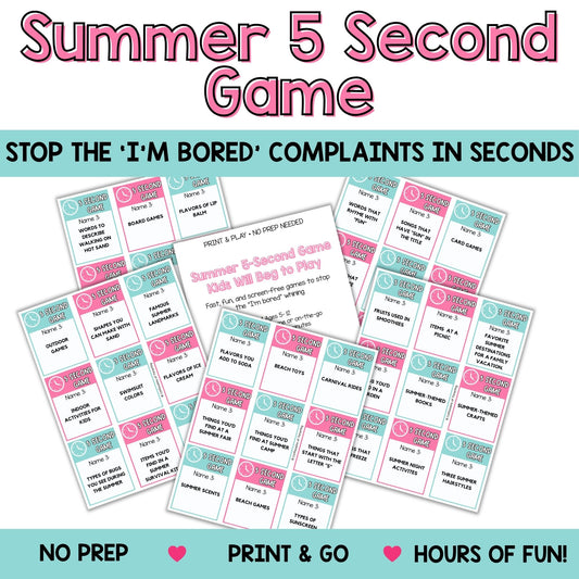 Summer 5 Second Game for Kids Printable | Fast Thinking Game | No Prep Family Game | Road Trip & Boredom Buster Activity